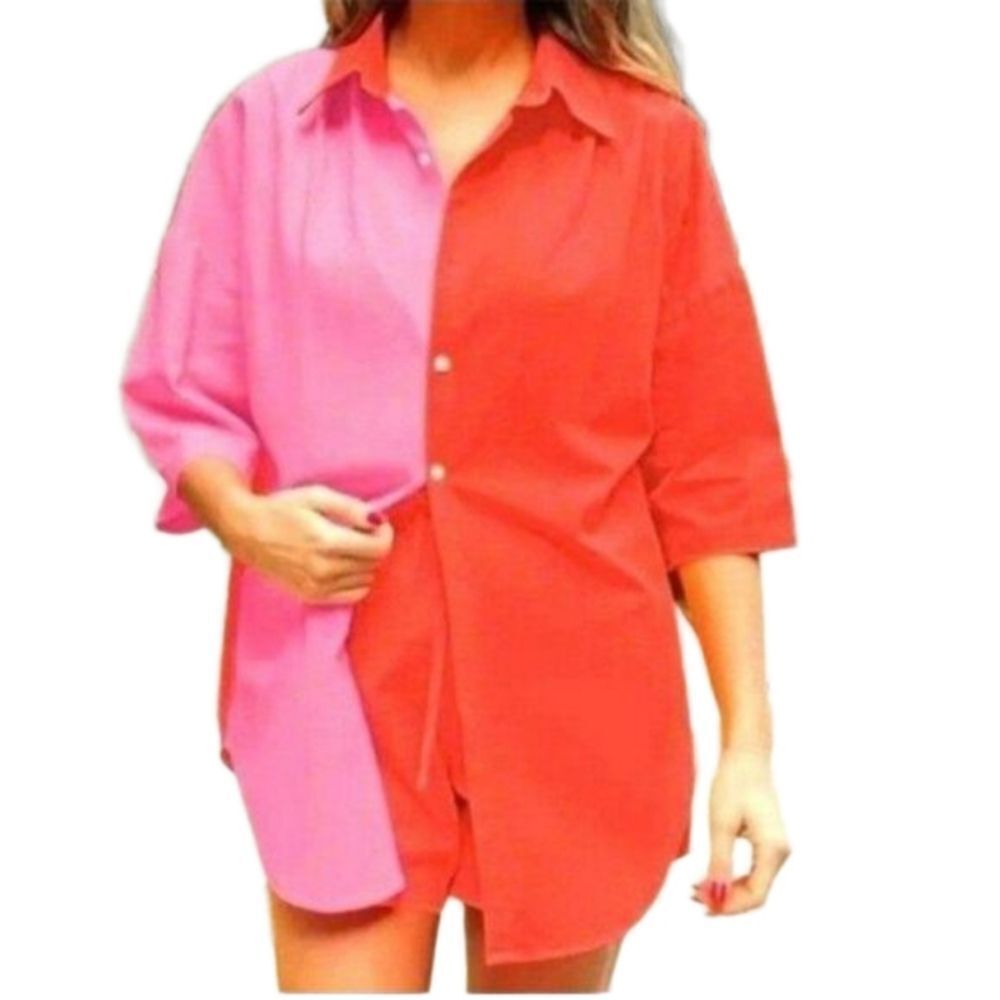 Ladies Color Block Drop Shoulder Button Down Top sz XL